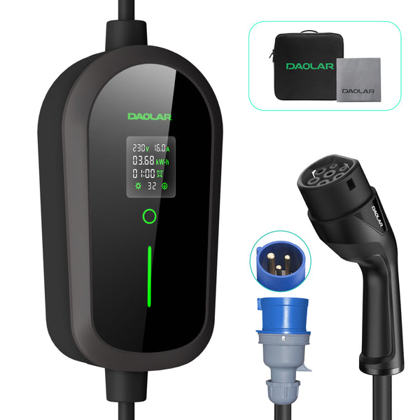 Daolar Charging Cable Type 2 CEE Plug 7.4 kW [1-Phase | 5 m | 6-32 A] with Adjustable Charging Power, EV Charger and Mobile Charging Station / Wall Box for ID.3, ID.4, ID.5, Model Y / 3, e-up, e-tron, Zoe